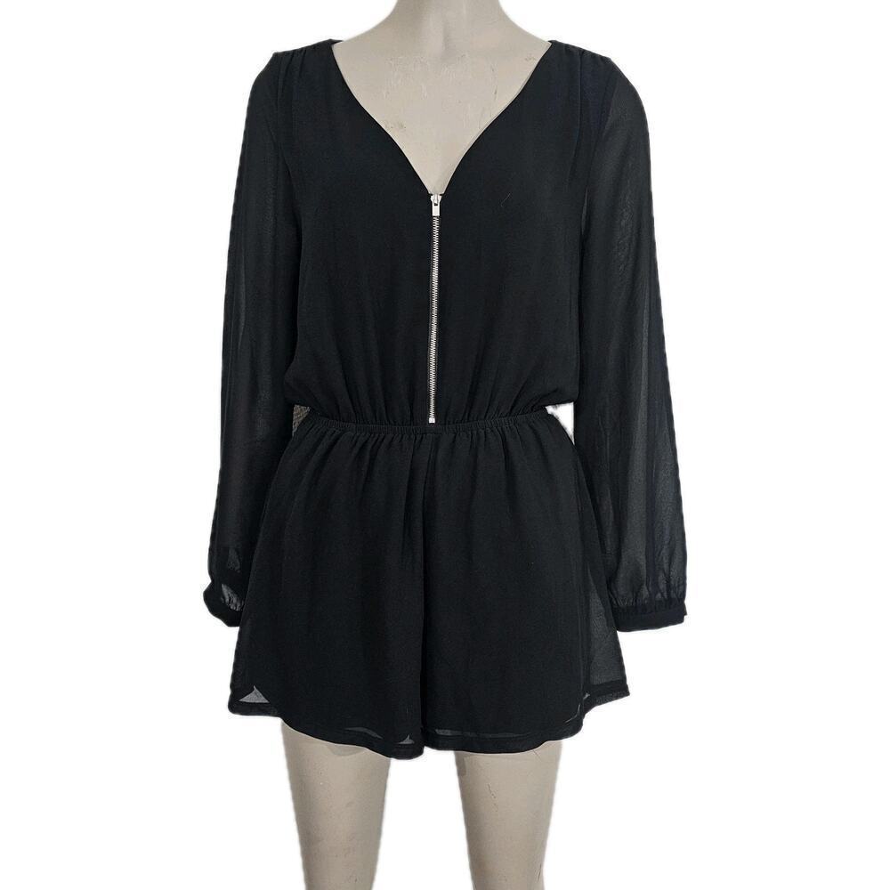 Express Chiffon Short ROMPER Sheer Long Sleeves Black Size XS - Picture 2 of 13